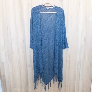 One World Womens Knit Duster Cardigan Kimono Size L Blue Fringe Boho Coastal